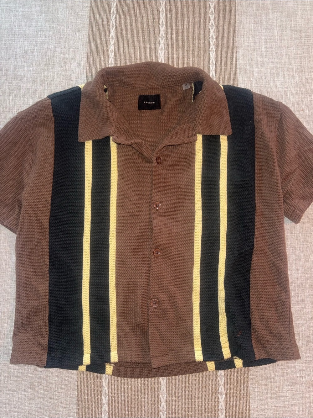 PacSun Brown Short-Sleeve Button-Up Shirt with Black & Yellow Stripes